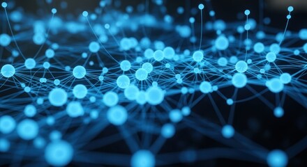 Abstract network connection with glowing blue dots and lines representing data flow.
