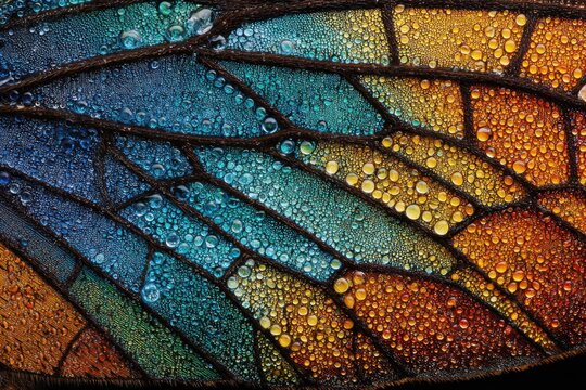 Macro view of iridescent insect wing with water droplets - Powered by Adobe