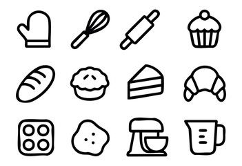 Baking doodle icons — bakery tools, kitchen equipment, and sweet pastry symbols — stock vector.
