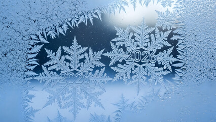 Obraz premium Frosted Window With 2026 Inscribed In Snowflakes Sparkling In Wintery Scene Showcasing Year 2026 Through Icy Glass Artistry And Festive Design
