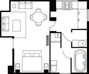 Small apartment interior floor plan with bedroom, kitchen, bathroom, living room, top view, vector layout, modern, minimalist design