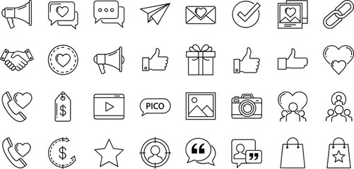 Social media marketing icons, communication symbols, like thumbs up, chat bubbles, gift box, camera, handshake, phone call, shopping bags, user targeting