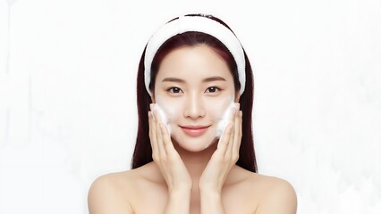 A beautiful young Asian woman with a white headband gently cleanses her face with foamy soap, smiling softly at the camera.