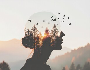 a woman's silhouette, with trees and birds superimposed on her head, set against a serene, mountainous landscape at sunset.