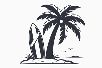 Black silhouette shows a surfboard with flower alongside a palm tree on white