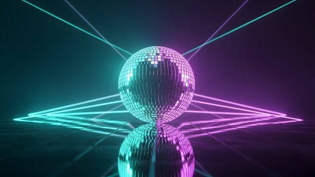 Disco ball sphere on reflective surface illuminated by neon lights creates vibrant and modern abstract for dance night or entertainment setting - Powered by Adobe