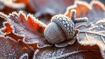 Close up of frozen acorn resting on frosted leaf showcasing winter's beauty in nature through delicate ice crystals and seasonal change