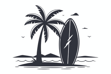 Black silhouette shows palm tree and surfboard on a tropical island landscape