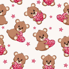 Vector seamless pattern. Illustration of many plush Teddy bears with sparkling hearts and sparkling stars. Happy Valentine's day, children, kids, shop, print, textile concept.