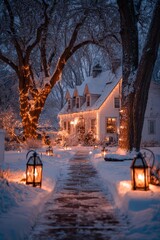 Naklejka premium Elegant House Adorned With Christmas Lights and Warm Lanterns Along a Snowy Path Creates a Cozy Winter Scene for Your Phone Wallpaper