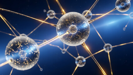 Abstract atom nanotechnology science technology with molecule structure and plexus glowing network, future innovation and medical engineering concept