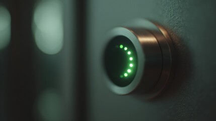 Close-up of a round, metallic button with a green glow in the center. the button appears to be turned on or off, as there are small white dots scattered around it.