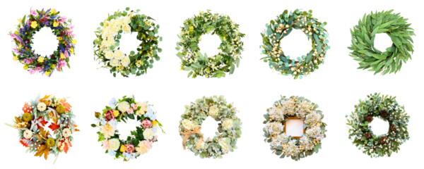 Collection of ten colorful botanical wreaths made of assorted flowers and greenery isolated on white
