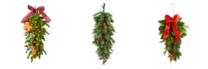 Three festive mistletoe bundles with ribbons and berries hanging as traditional holiday decorations
