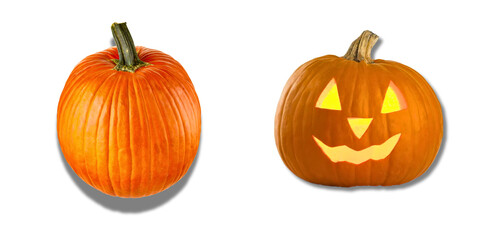 Orange pumpkin and glowing carved jack-o’-lantern displayed side by side as classic Halloween symbols
