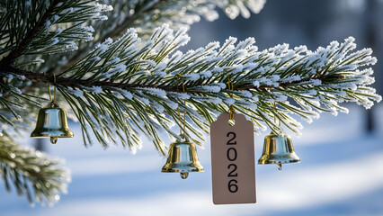 Greeting frosty 2026 new year card golden bells on pine branch covered with ice crystals outdoors celebration winter holiday greeting banner