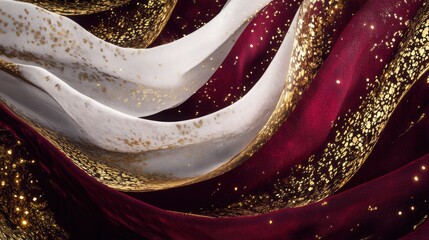 Luxurious Qatar National Day banner with flowing white and maroon fabric accented by gold glitter, creating elegant festive wallpaper for celebrations, events, and cultural designs. Festive background