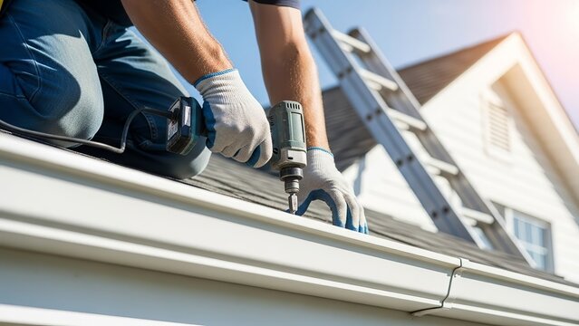 Professional handyman installing new roof guttering system with power drill