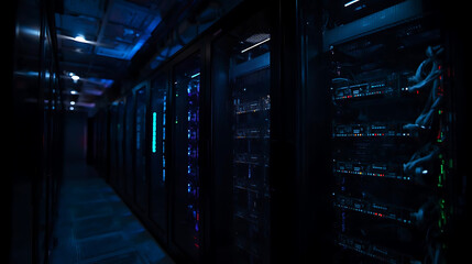 Modern data center servers in a dark corridor