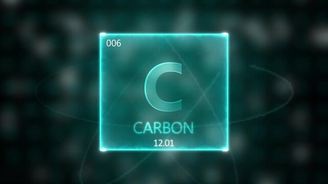 Carbon as Element 6 of the Periodic Table. Seamlessly looping 3D animation on blue illuminated atom design background with orbiting electrons. Design shows name, atomic weight and element number