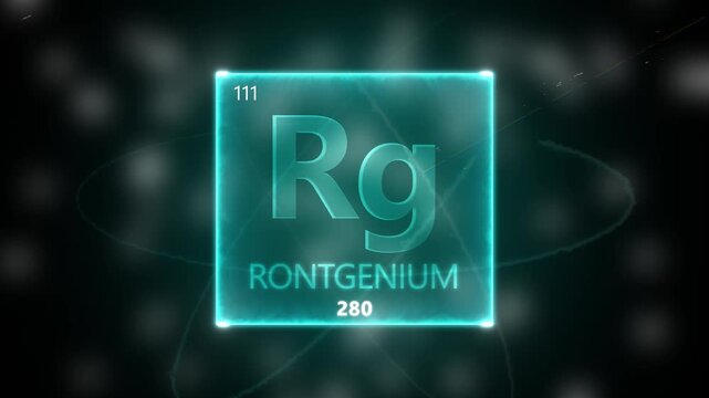 Roentgenium as Element 111 of the Periodic Table. Seamlessly looping 3D animation on blue illuminated atom design background orbiting electrons name, atomic weight element number in German language