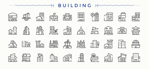 Building icon collection. Thin icons set. Home icon set. Related to real estate, villa, museum, shop, town, residential and more.