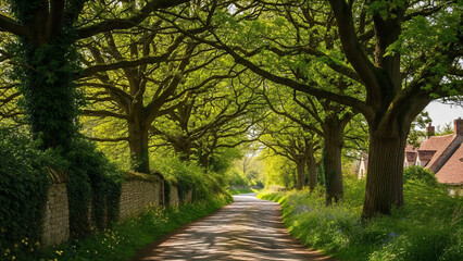 Obraz premium A small village road with shady trees that form a corridor of light