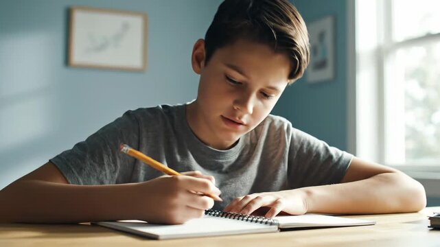 Determined young boy sits at a desk, diligently completing his homework. He is using a pencil to write in his notebook, bathed in sunlight as he focuses intently on his schoolwork in the room