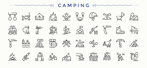 Camping modern icon set. Outline icons pack. Contain linear sign forest, tour, tent, travel, hiking. Editable stroke. Vector collection. Travel line icon set.