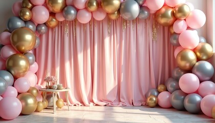 Festive backdrop with pink gray and gold balloons for celebration events. Pink curtains decor scene with small round table decorated. Holiday theme decor with shiny decorations for party.