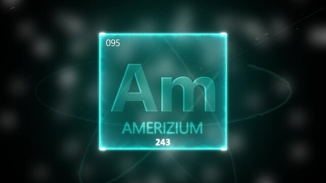 Americium as Element 95 of the Periodic Table. Seamlessly looping 3D animation on blue illuminated atom design background orbiting electrons name, atomic weight element number in German language