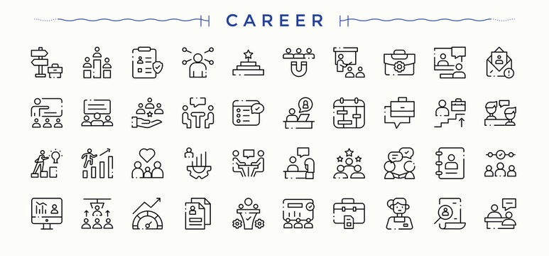 Career icon set. Minimalist icons collection. Pack of person, business, profession, vocation, occupation, achievement. Vector illustration in modern line style. Job Career linear icon set.