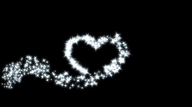 Valentine's twinkling glitter star line animation with glowing doodle stars, white sparkling particles, and a magical love shape light trail, creating a romantic shimmering motion on a black screen