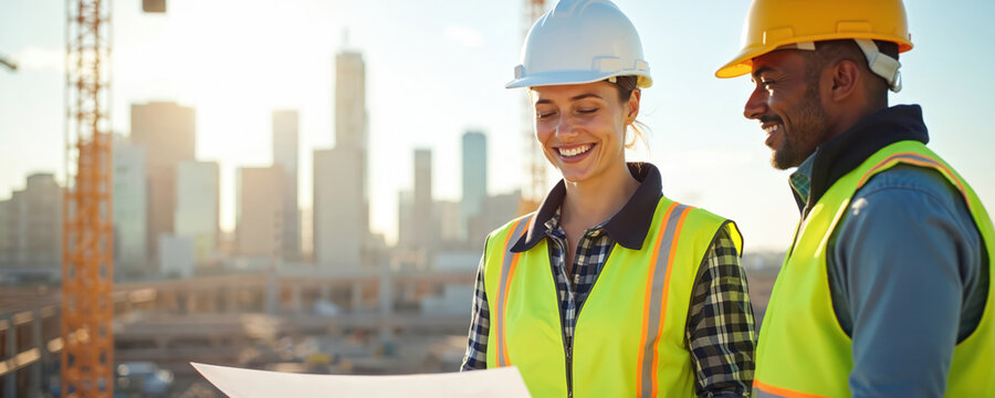 Engineers collaborate at construction site. Woman, man discuss project in progress with city skyline. Architects wear safety vests, helmets, work on blueprint. Teamwork at building under construction.