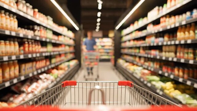 View from behind a shopping cart as it glides down a supermarket aisle. The shelves stocked with groceries and products can be seen in the background, slightly out of focus