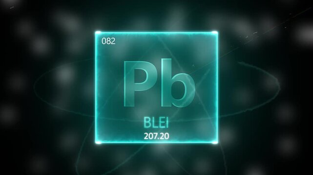 Lead as Element 82 of the Periodic Table. Seamlessly looping 3D animation on blue illuminated atom design background orbiting electrons name, atomic weight element number in German language