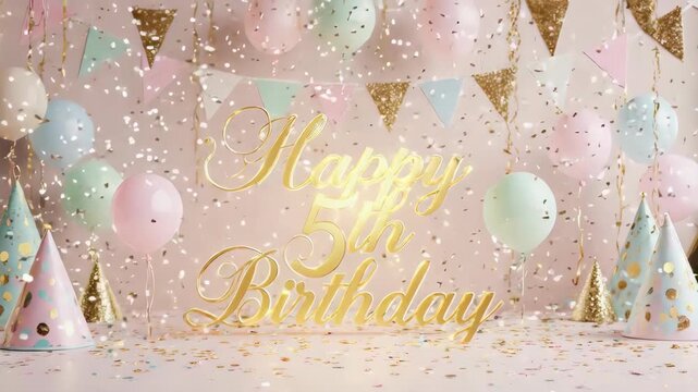 Festive 5th birthday scene with gold lettering, pastel balloons, confetti, party hats
