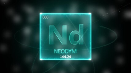 Neodymium as Element 60 of the Periodic Table. Seamlessly looping 3D animation on blue illuminated atom design background orbiting electrons name, atomic weight element number in German language