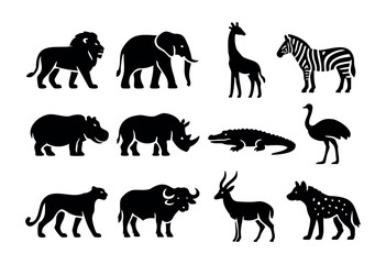 Obraz premium African Animals Silhouette icon set — various safari and savanna wildlife silhouettes — stock vector.