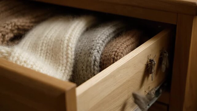 Individual opening a wooden drawer to discover a clothes moth invasion, with pesky insects fluttering out from woolen sweaters stored inside the piece of furniture