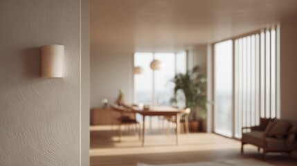 Fototapeta premium Modern living room with a large window on the right side. the window has white vertical blinds that let in natural light.