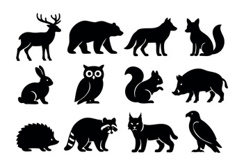 Obraz premium Forest Animals Silhouette icon set — various woodland and European wildlife silhouettes — stock vector.