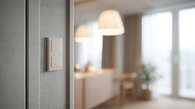 Modern and minimalist interior of a room with a large window on the right side. the window has white curtains and a potted plant on the floor.
