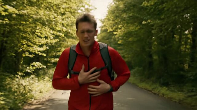 Young male runner experiencing chest discomfort while exercising on a trail in the woods. A backpack wearing athlete pauses his jog because of a heart issue