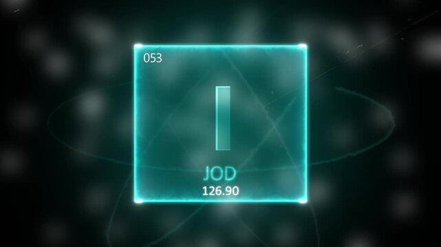 Iodine as Element 53 of the Periodic Table. Seamlessly looping 3D animation on blue illuminated atom design background orbiting electrons name, atomic weight element number in German language