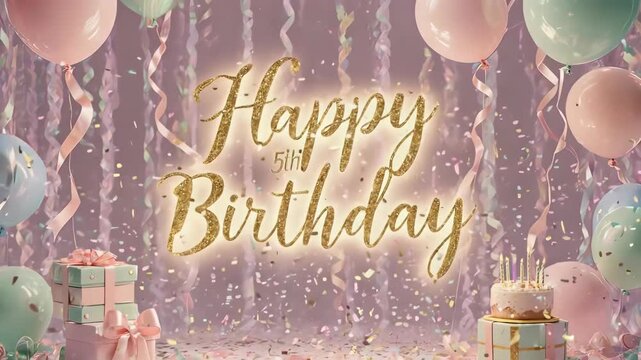 Glittery 'Happy 5th Birthday' text amidst pastel balloons, confetti, gifts, and cake