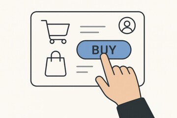 Hand clicking 'Buy' button on an online shopping interface, highlighting digital commerce and consumer behavior in e-commerce transactions.