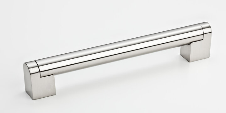 Modern stainless steel handle with cylindrical bar and rectangular mounts, ideal for minimalist kitchen cabinetry.