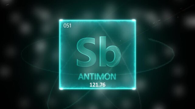 Antimony as Element 51 of the Periodic Table. Seamlessly looping 3D animation on blue illuminated atom design background orbiting electrons name, atomic weight element number in German language