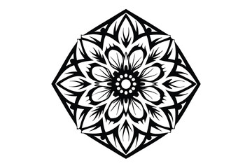Floral mandala inside a diamondshaped frame showcases intricate symmetrical design in black ink
